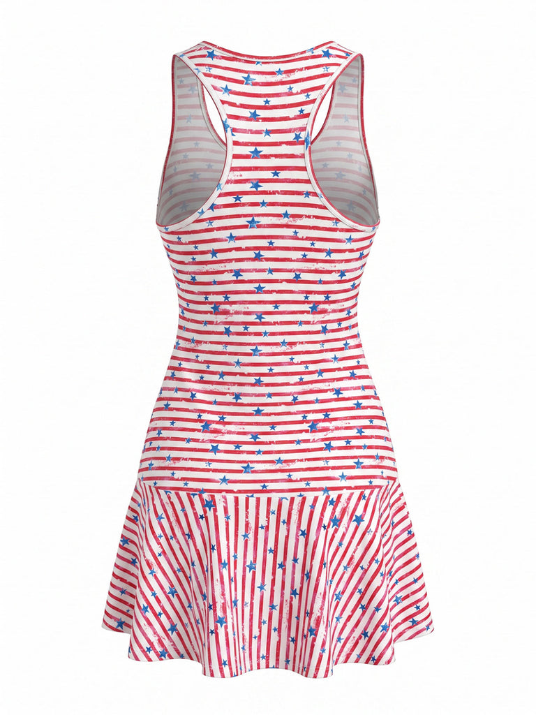 Red 1940s Striped & Star Sleeveless Dress - vintage dress, retro fashion for vintage lovers
