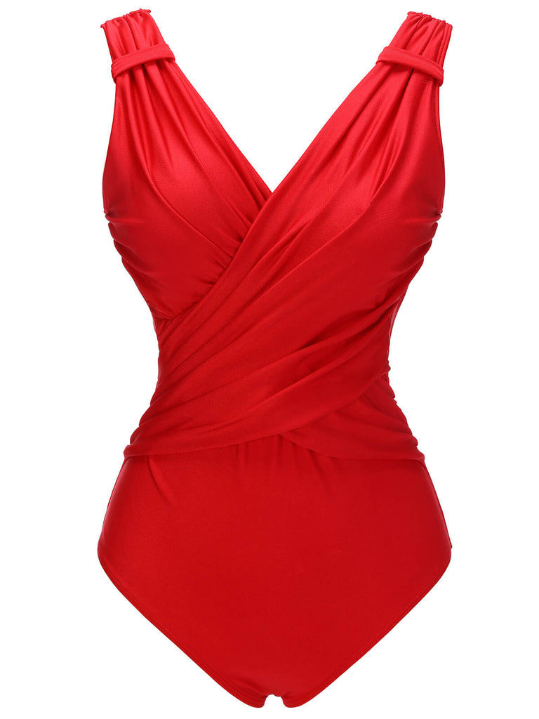 Red 1940s V-Neck Solid One-piece Swimsuit, vintage swimsuit, pin-up swimwear - perfect for women who love vintage and retro fashion