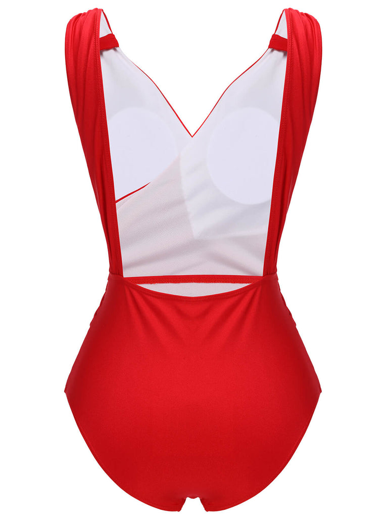 Red 1940s V-Neck Solid One-piece Swimsuit, vintage swimsuit, pin-up swimwear - perfect for women who love vintage and retro fashion
