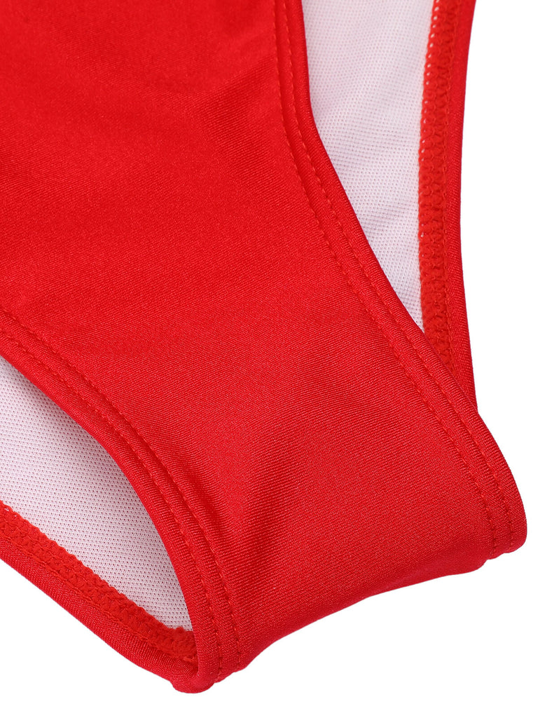 Red 1940s V-Neck Solid One-piece Swimsuit, vintage swimsuit, pin-up swimwear - perfect for women who love vintage and retro fashion