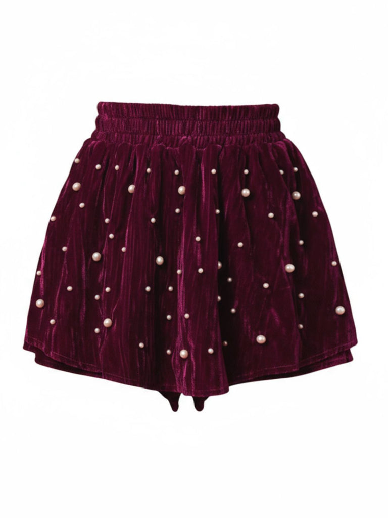 Red 1950s 3D Pearl Embellished Velvet Shorts - vintage fashion, retro style, elegant red
