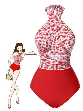 She's wearing Red 1950s Apple Plaid Wrapped Swimsuit and the whole beach remembers the 1950s