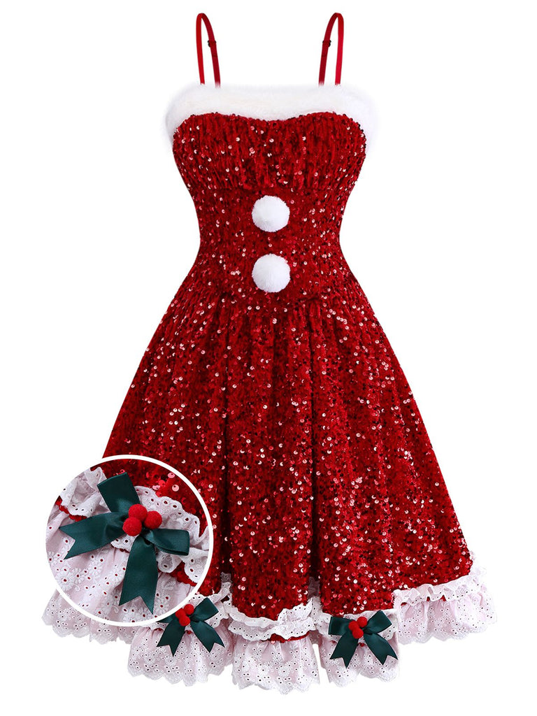 Red 1950s Bow Sequined Raw Hem Dress - vintage dress, retro fashion, rockabilly