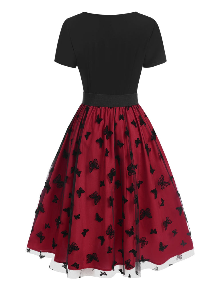 Red 1950s Butterfly Embroidered Mesh Patchwork Dress — the kind of 1950s dress that makes strangers smile