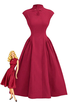 Red 1950s Cap Sleeve Stand Collar A-line Dress - vintage dress, retro fashion, rockabilly
