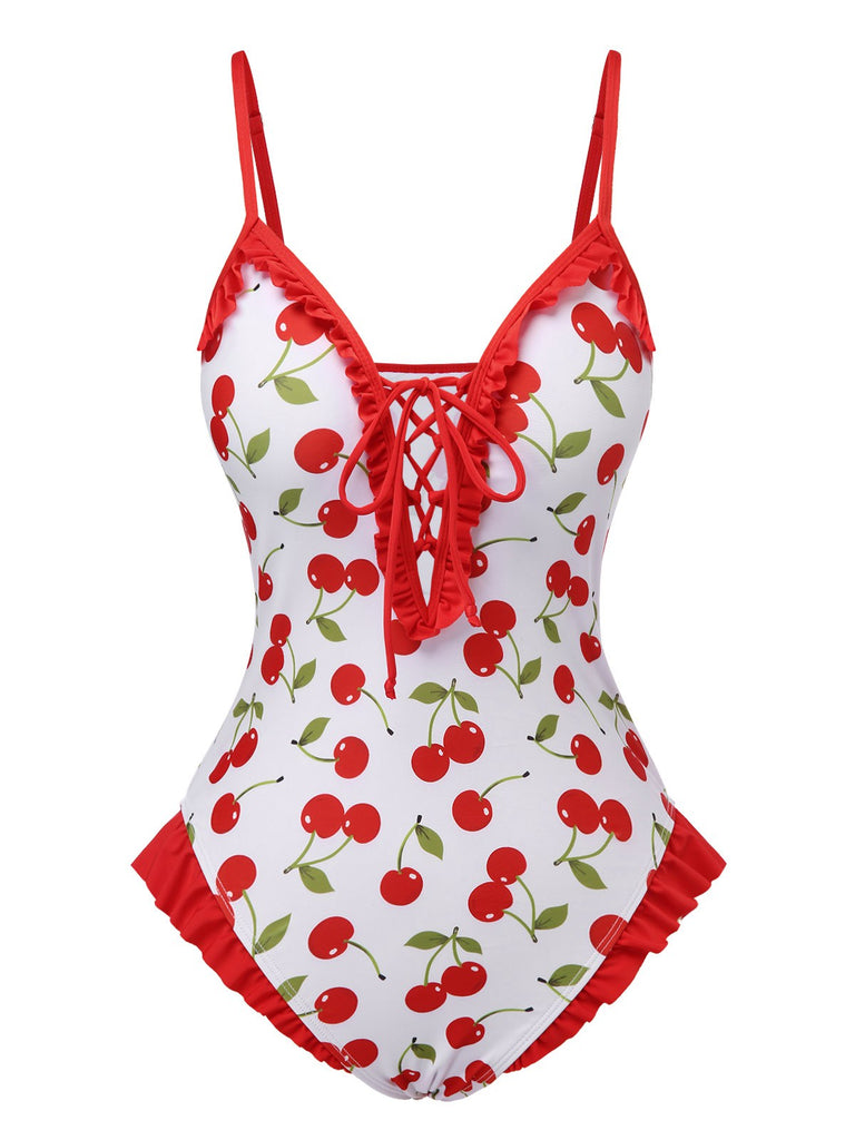 Red 1950s Cherry Lace-Up Ruffled Swimsuit: 1950s Riviera elegance, reimagined for her