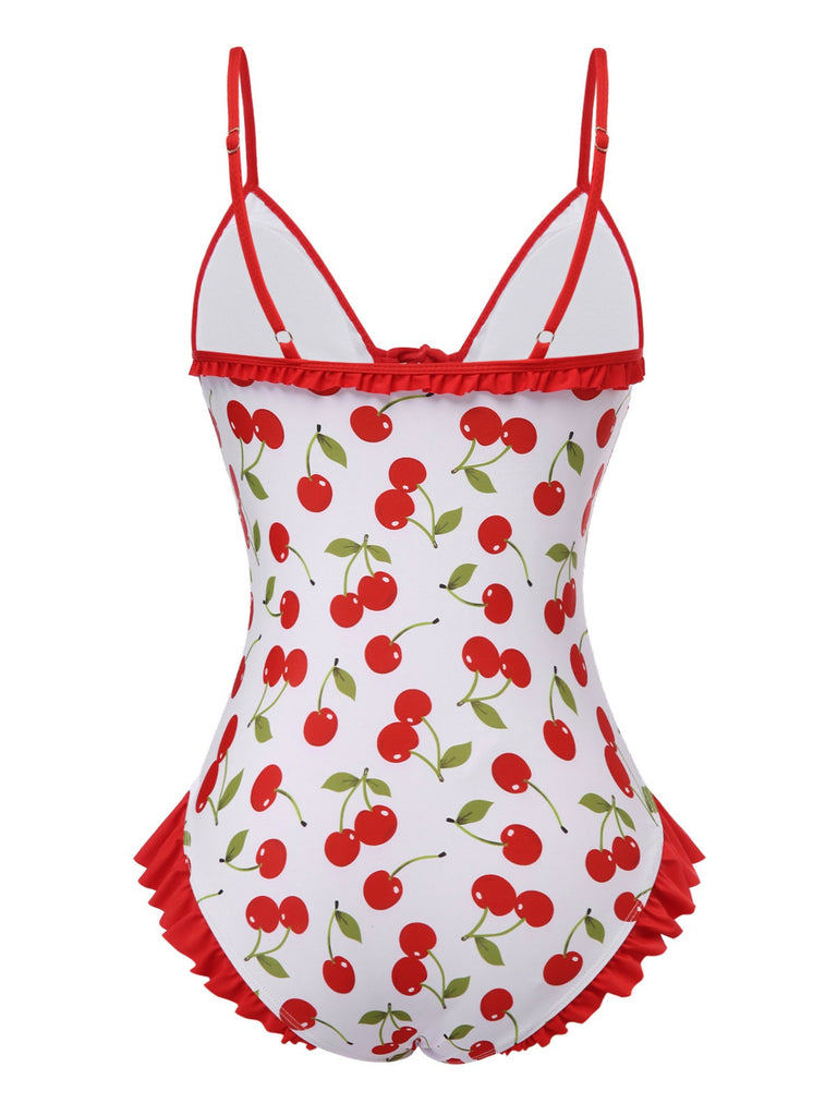 Red 1950s Cherry Lace-Up Ruffled Swimsuit — because 1950s glamour never goes out of style