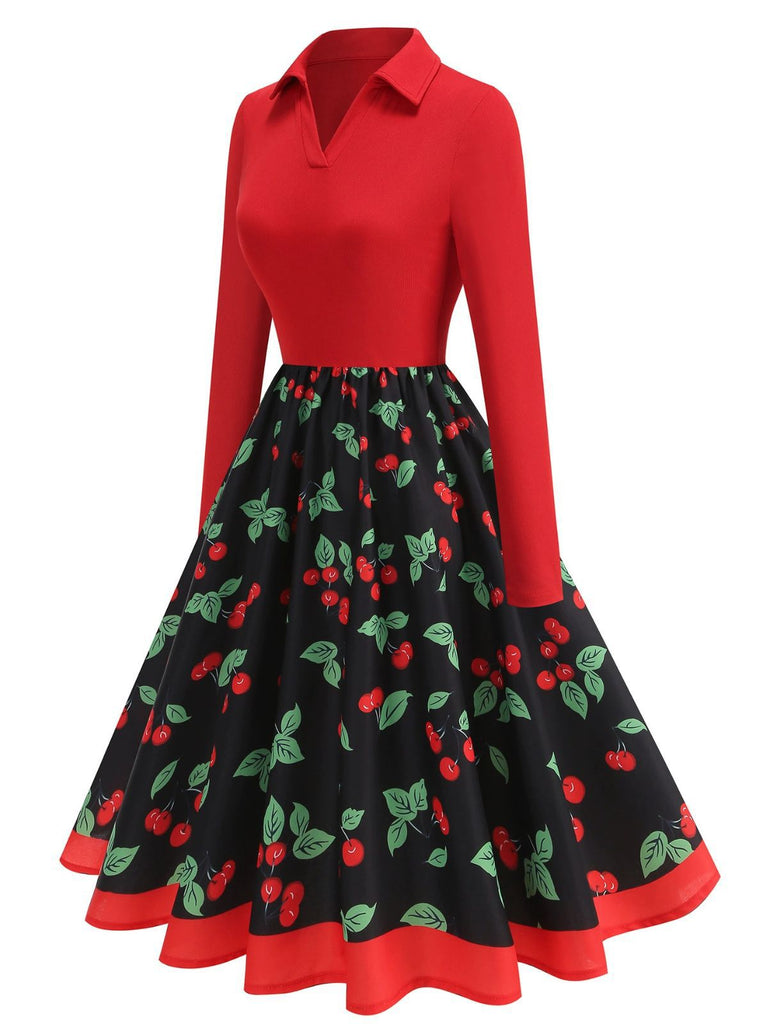 Red 1950s Cherry Print Long Sleeve Swing Dress - vintage dress, retro fashion, rockabilly