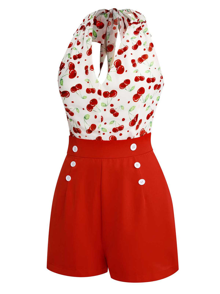 Red 1950s Cherry V-Neck Halter Lace-Up Romper | vintage romper, retro jumpsuit, playful style - perfect for retro fashion enthusiasts