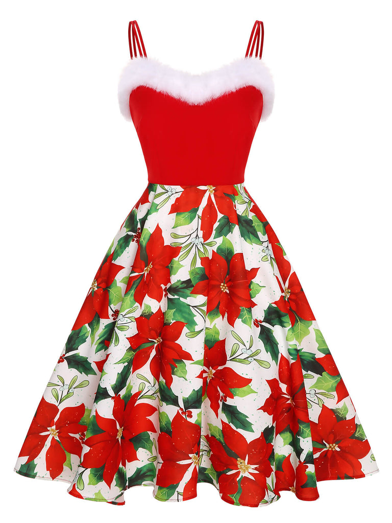 Red 1950s Christmas Poinsettia Shaggy Trimmed Dress, vintage dress, retro fashion, rockabilly, pin-up fashion - perfect for women who love vintage and retro fashion