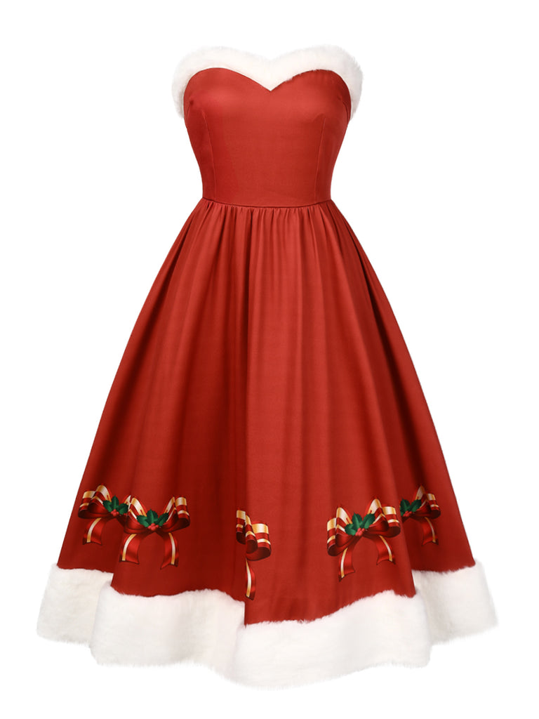 Red 1950s Christmas Strapless Bow Fur Trim Dress: where 1950s romance meets her modern spirit