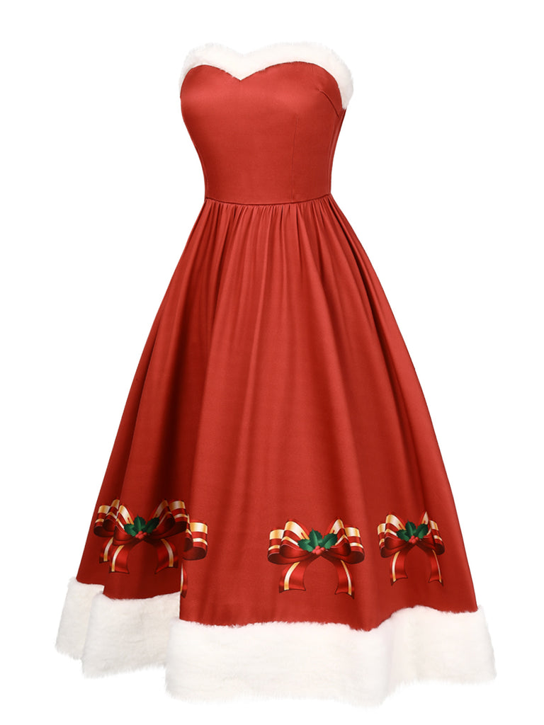 This Red 1950s Christmas Strapless Bow Fur Trim Dress wraps her in 1950s elegance, one twirl at a time