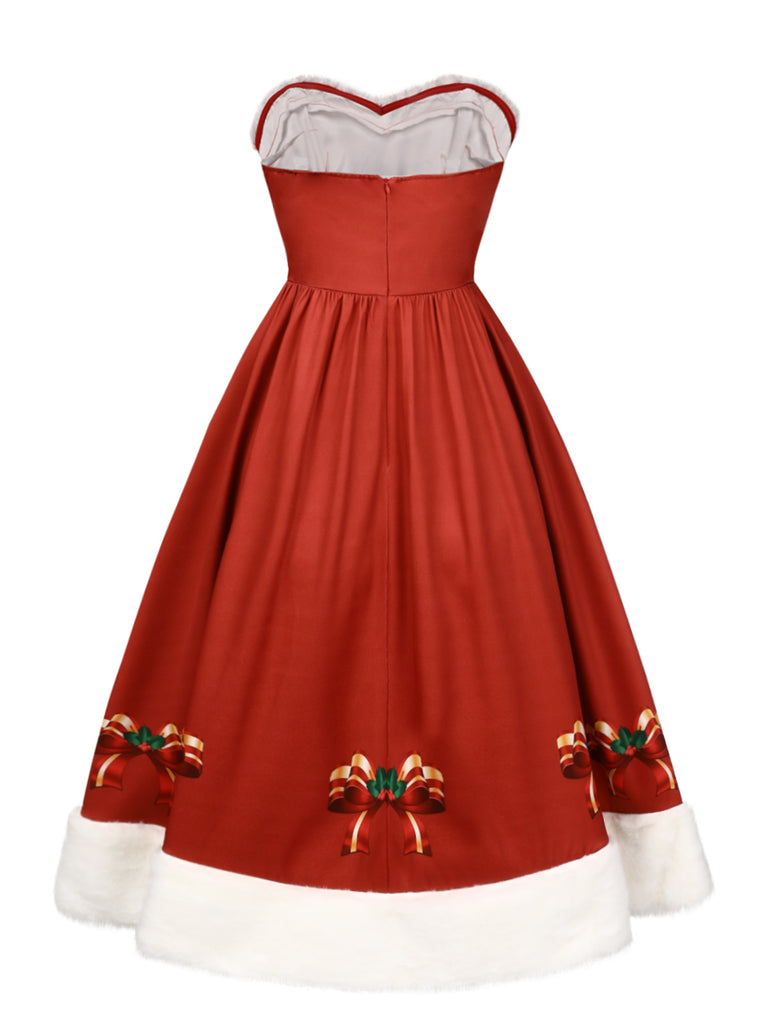 Red 1950s Christmas Strapless Bow Fur Trim Dress — the kind of 1950s dress that makes strangers smile