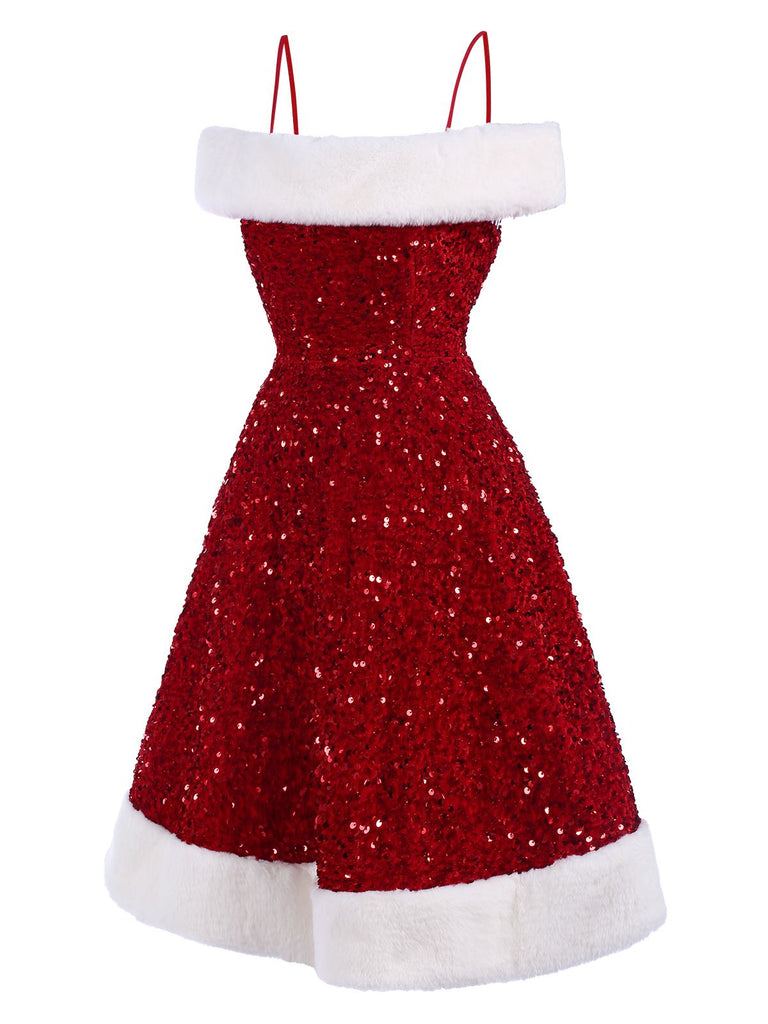 Red 1950s Cold-Shoulder Furry Sequined Dress, vintage dress, retro fashion, rockabilly, pin-up fashion - perfect for women who love vintage and retro fashion