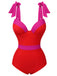 She's wearing Red 1950s Colorblock Shoulder Tie-Up Swimsuit and the whole beach remembers the 1950s