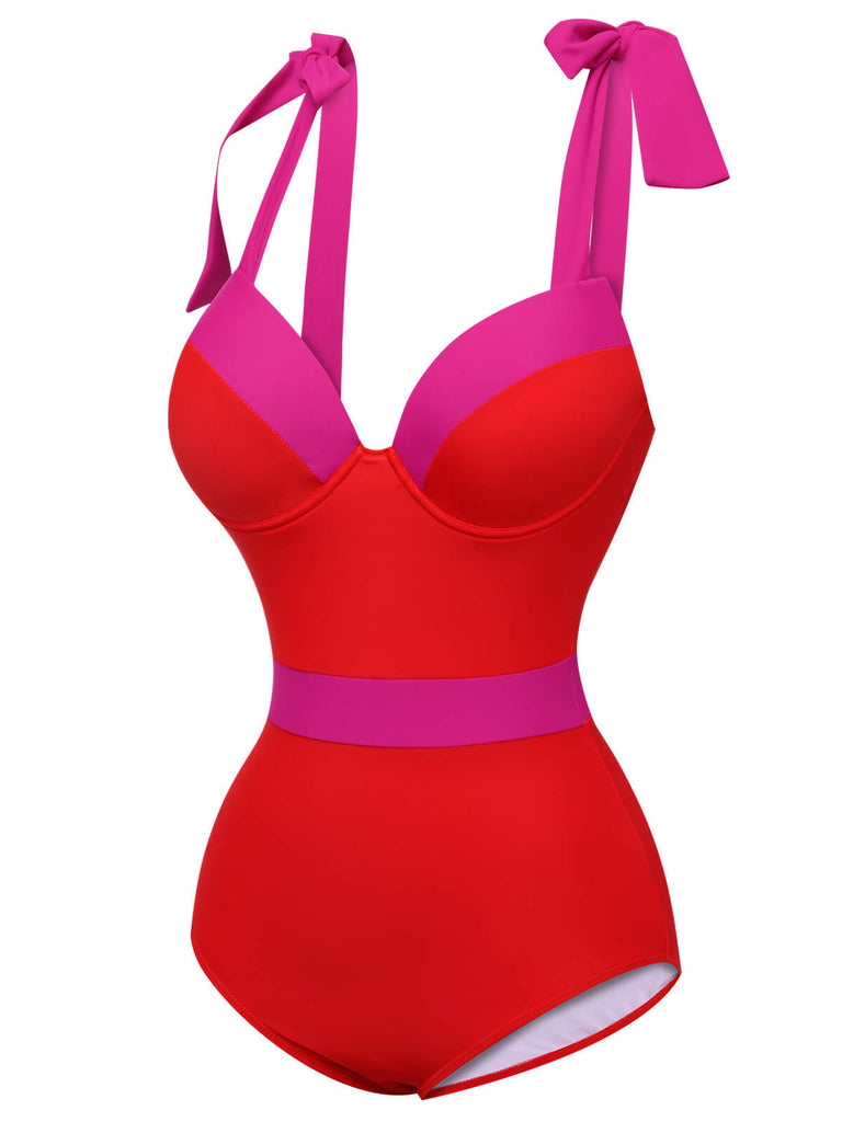 Red 1950s Colorblock Shoulder Tie-Up Swimsuit: 1950s Riviera elegance, reimagined for her