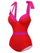 Red 1950s Colorblock Shoulder Tie-Up Swimsuit: 1950s Riviera elegance, reimagined for her