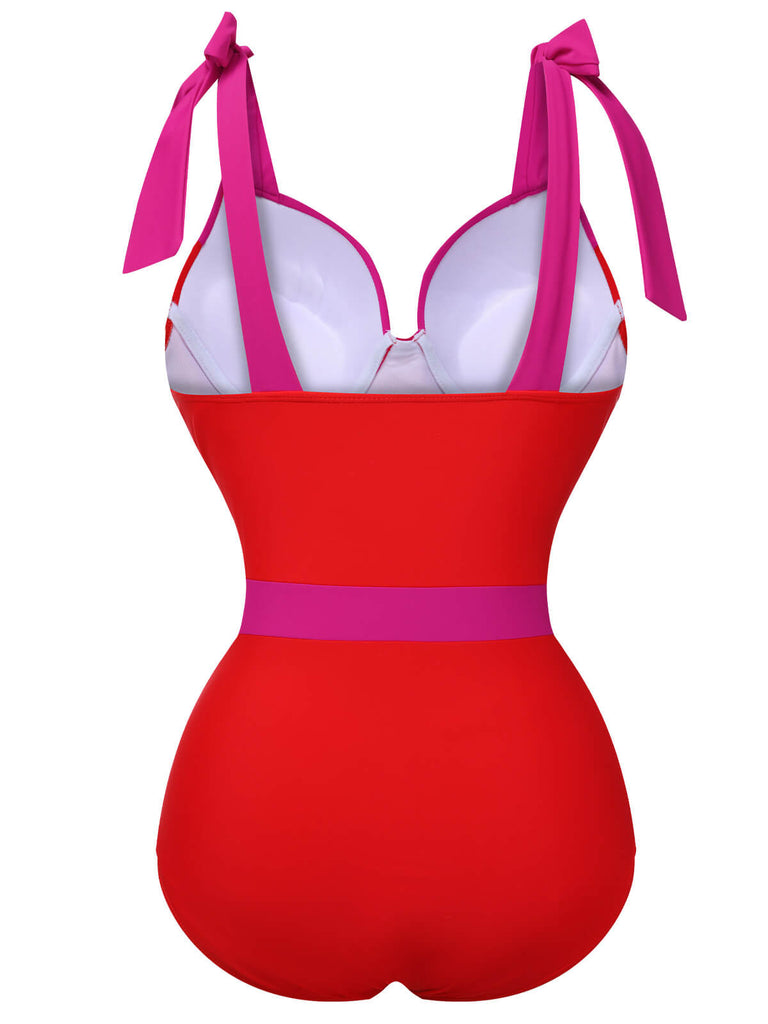 This Red 1950s Colorblock Shoulder Tie-Up Swimsuit carries 1950s vacation dreams in every stitch
