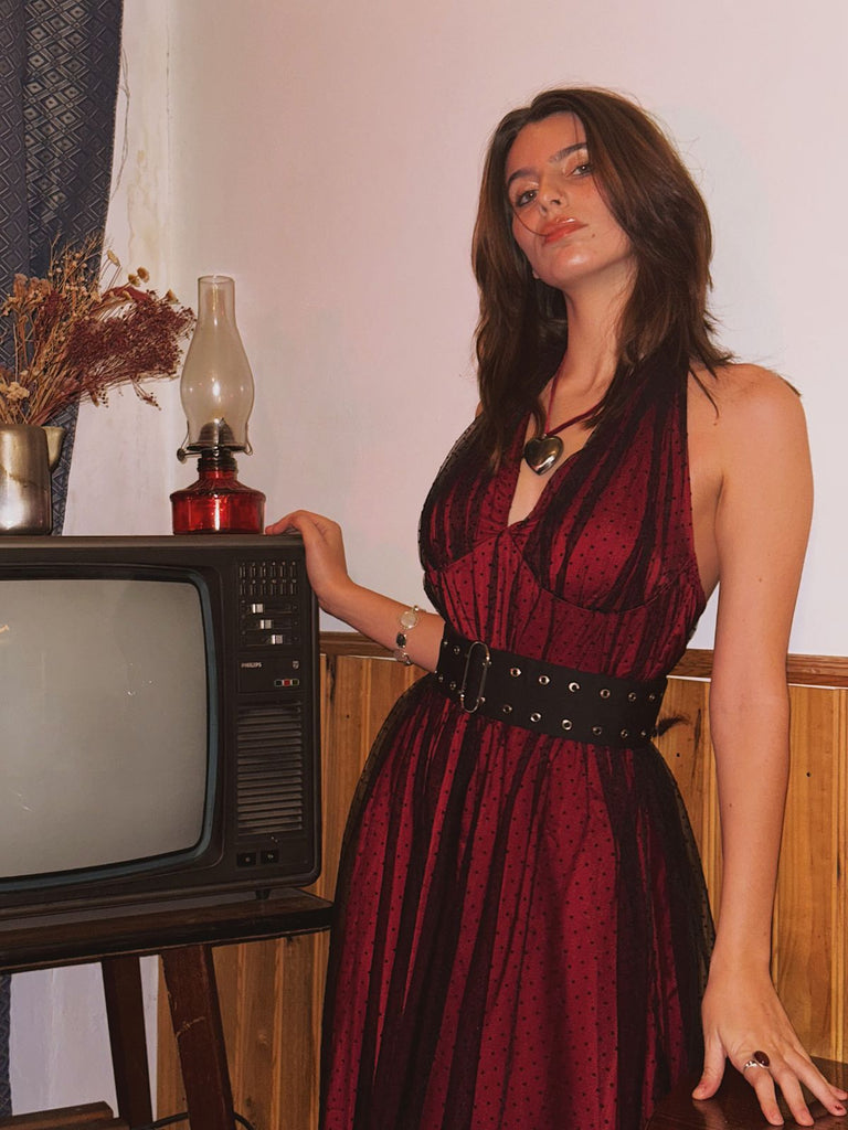 She slips into this Red 1950s Dots Mesh Swing Dress and suddenly it's a 1950s daydream