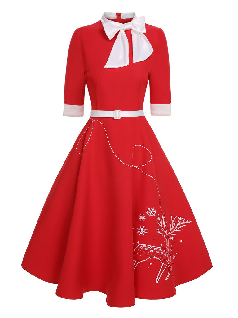 Red 1950s Elk Bow Patchwork Belt Dress, vintage dress, retro fashion, rockabilly, pin-up fashion - perfect for women who love vintage and retro fashion