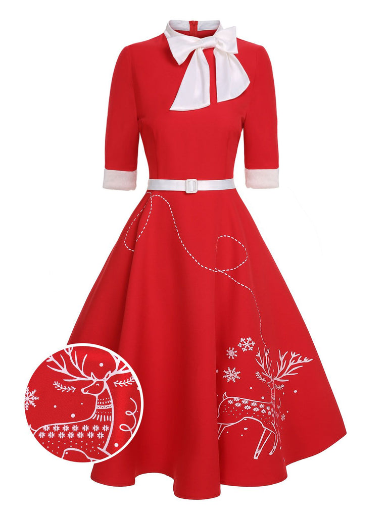Red 1950s Elk Bow Patchwork Belt Dress, vintage dress, retro fashion, rockabilly, pin-up fashion - perfect for women who love vintage and retro fashion