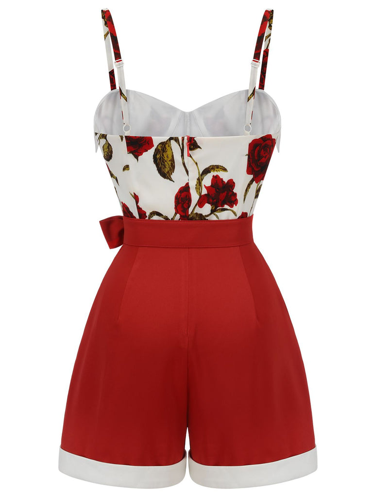 Red 1950s Floral Strap Patchwork Romper, vintage romper, retro jumpsuit - perfect for women who love vintage and retro fashion