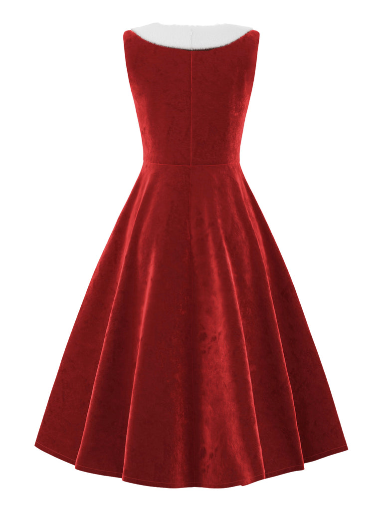 Red 1950s Fur Collar Patchwork Velvet Dress: where 1950s romance meets her modern spirit