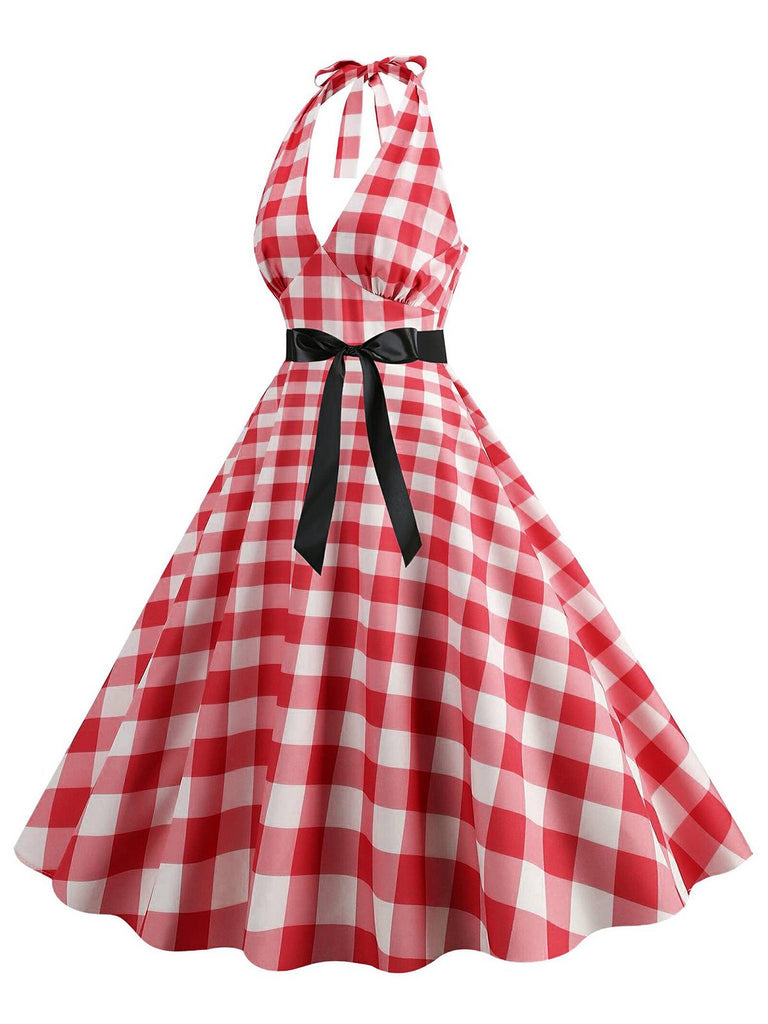 Red 1950s Gingham Plaid Halter Swing Dress: where 1950s romance meets her modern spirit