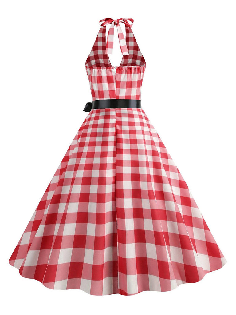 This Red 1950s Gingham Plaid Halter Swing Dress wraps her in 1950s elegance, one twirl at a time