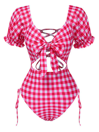 1950s Gingham Plaid Hollow Puff | 1950s | vintage swimsuit, retro beachwear