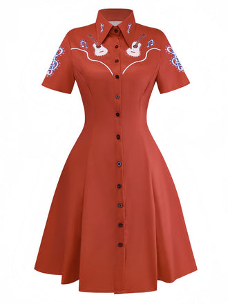 Red 1950s Guitar & Notes Lapel Dress - vintage dress, retro fashion, rockabilly
