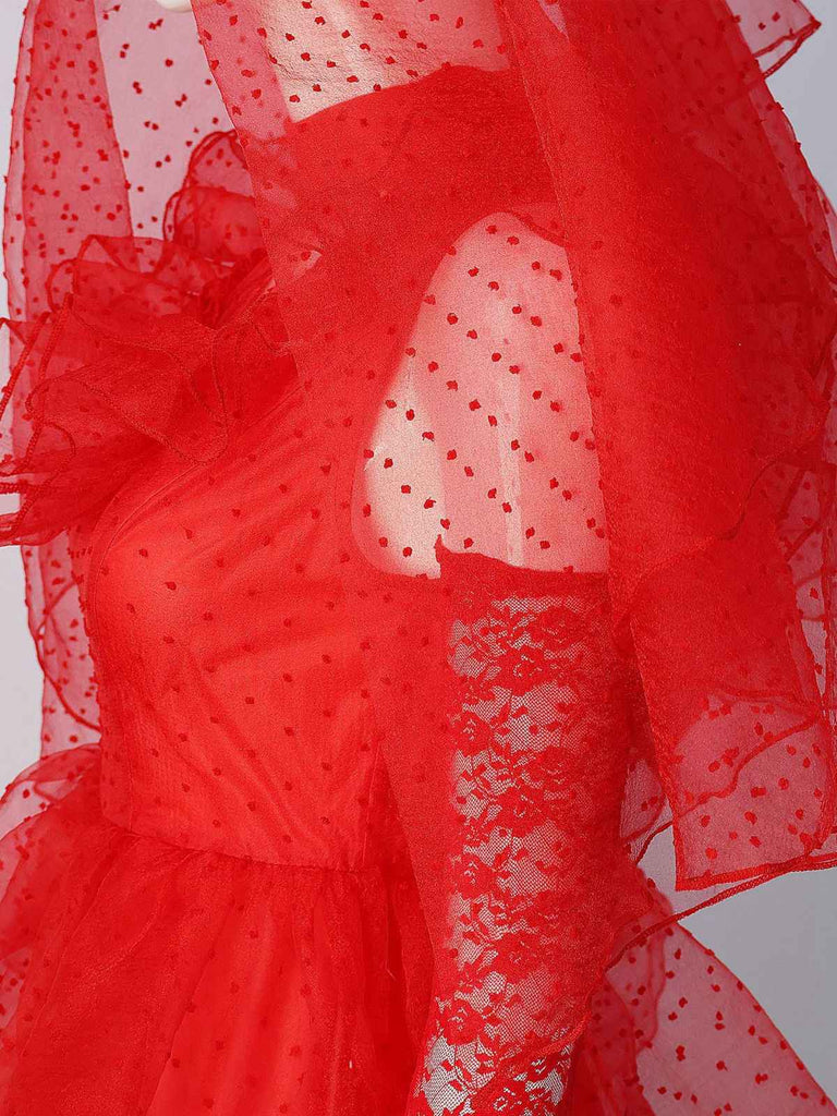 Red 1950s Halloween Ghost Bride Dots Dress Set - vintage dress, retro fashion, rockabilly