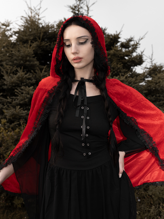 Red 1950s Halloween Lace Trim Velvet Cape - vintage fashion, retro style, elegant red