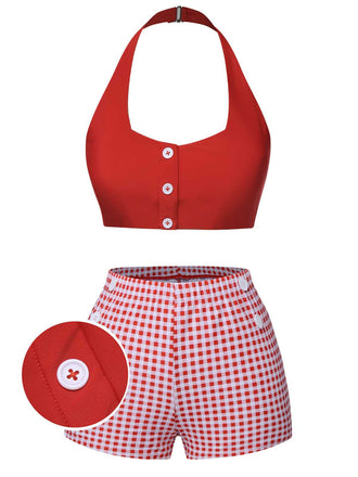 She's wearing Red 1950s Halter Plaids Swimsuit and the whole beach remembers the 1950s