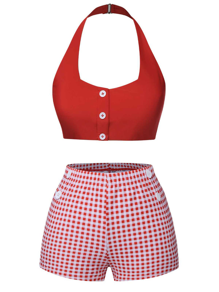 Red 1950s Halter Plaids Swimsuit: 1950s Riviera elegance, reimagined for her