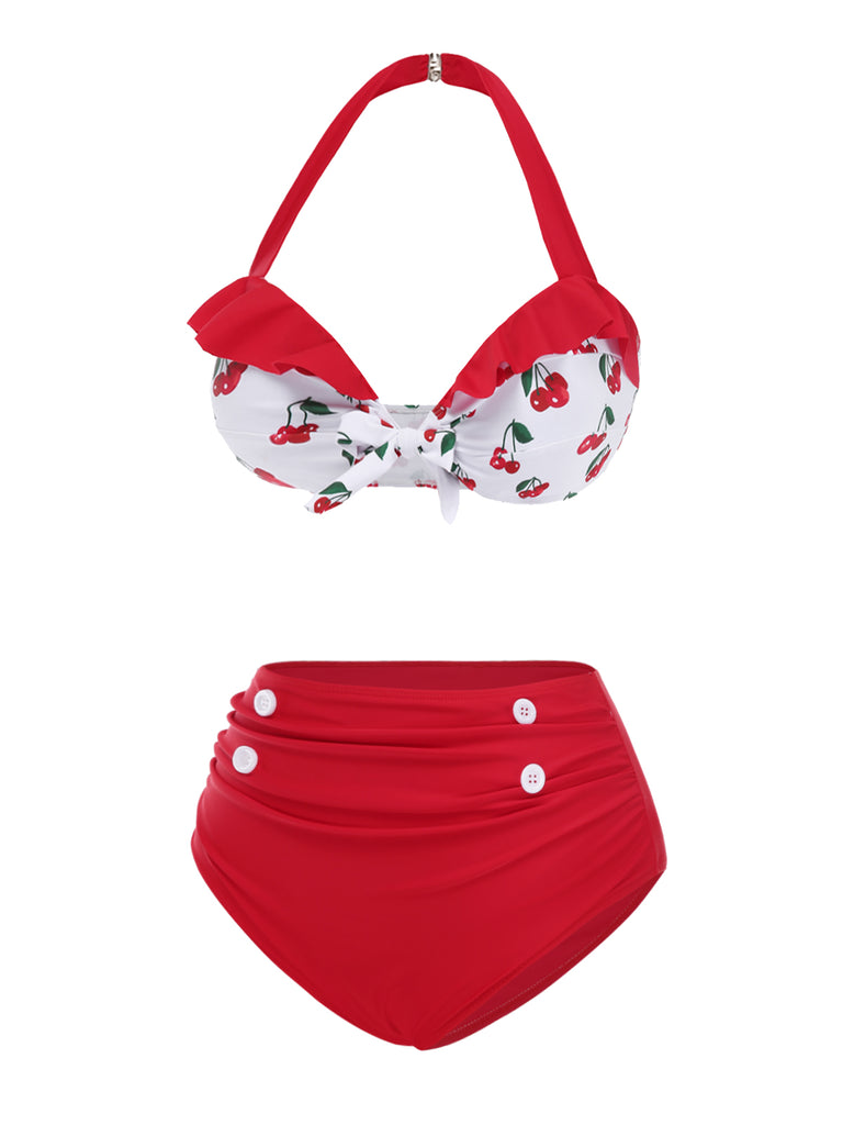 Red 1950s Halter Ruffle Cherry Bikini Set - vintage fashion, retro style, elegant red