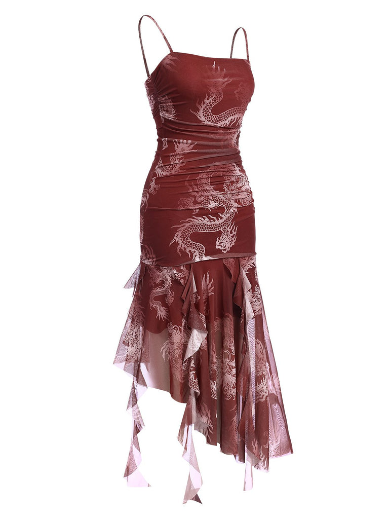 Red 1950s High-Low Halloween Dragon Mesh Dress, vintage dress, retro fashion, rockabilly, pin-up fashion - perfect for women who love vintage and retro fashion
