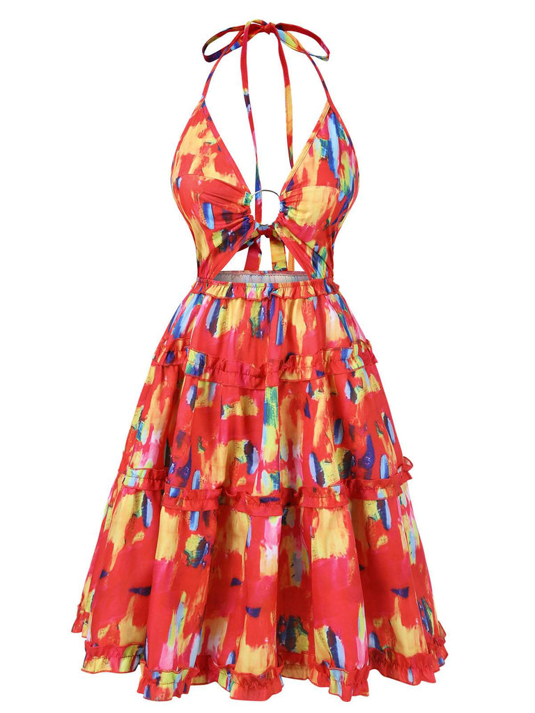 Red 1950s Hollow Out Ruffles Halter Dress, vintage dress, retro fashion, rockabilly, pin-up fashion - perfect for women who love vintage and retro fashion