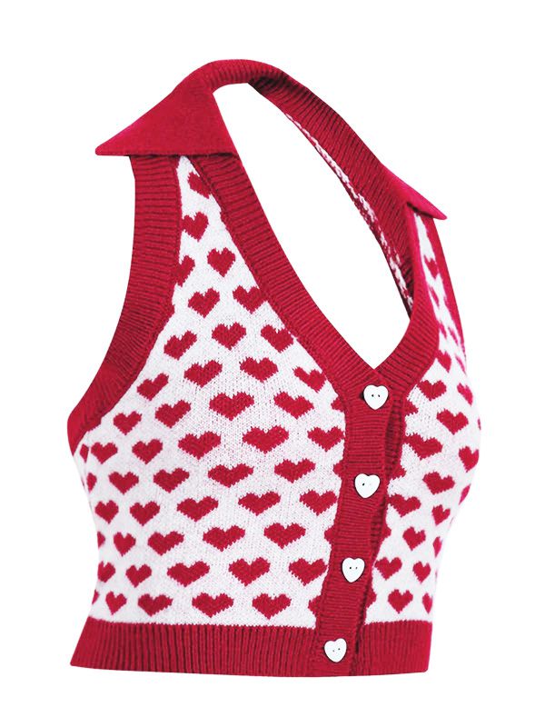 Red 1950s Knitting Heart Halter Button Tops - vintage fashion, retro style, elegant red