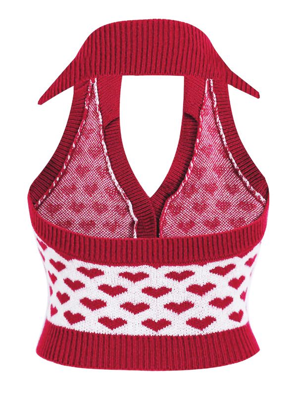 Red 1950s Knitting Heart Halter Button Tops - vintage fashion, retro style, elegant red