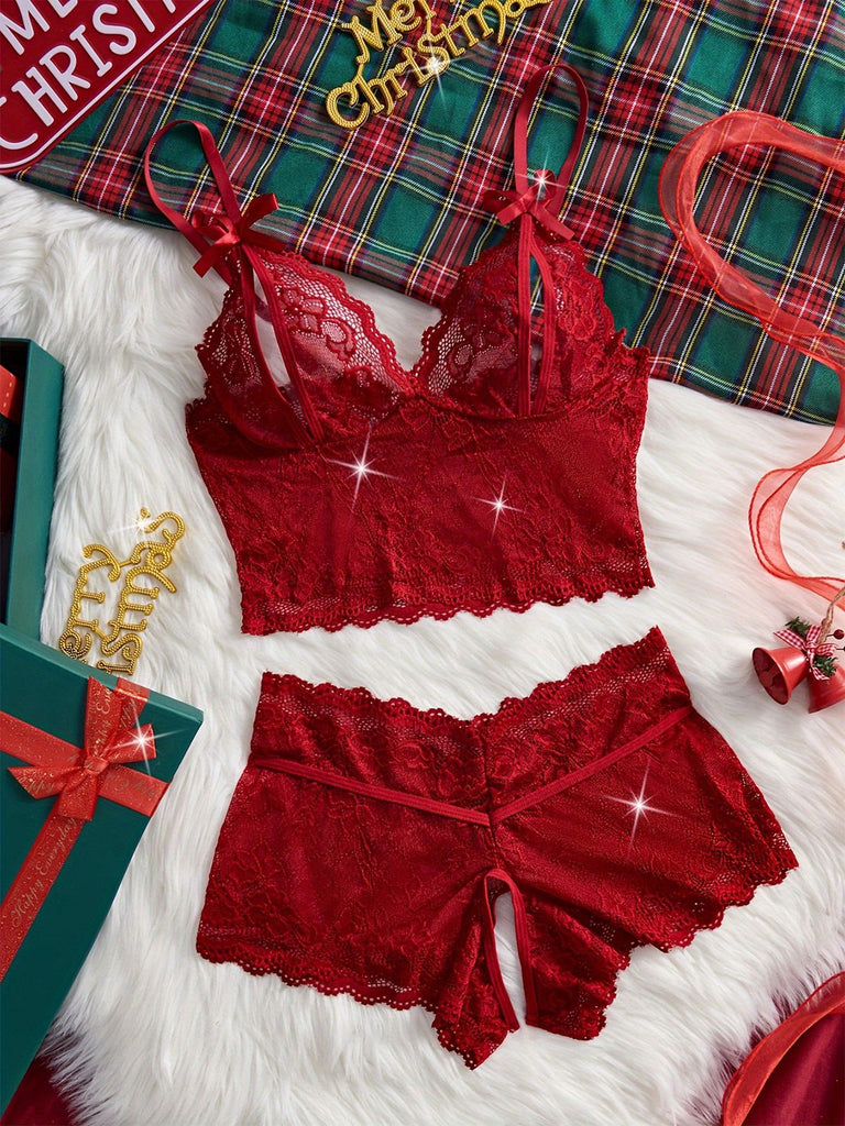 Red 1950s Lace Sheer Spaghetti Strap Sleepwear Set - vintage nightgown, retro sleepwear, elegant red