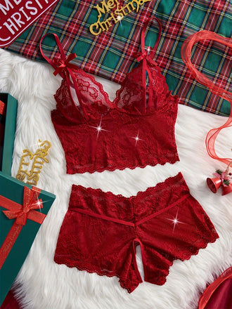 Red 1950s Lace Sheer Spaghetti Strap Sleepwear Set - vintage nightgown, retro sleepwear, elegant red