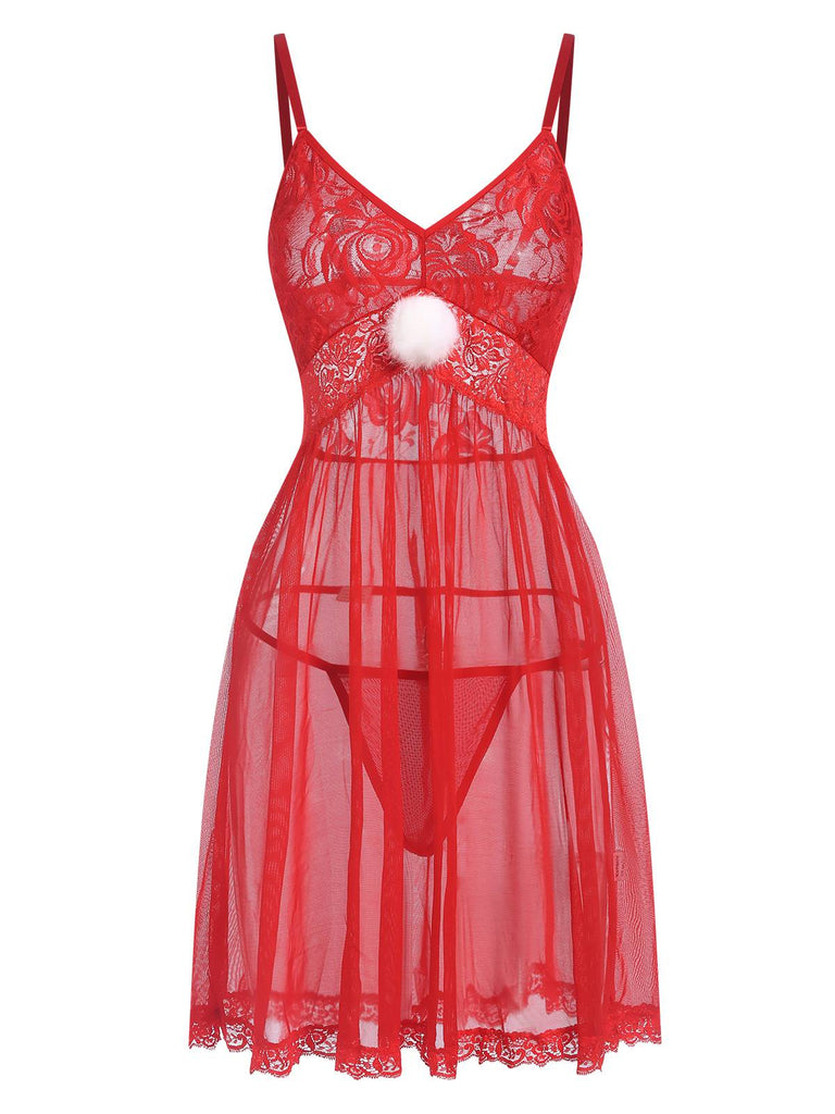 She slips into this Red 1950s Lace Sheer Straps Nightgown and suddenly it's a 1950s daydream