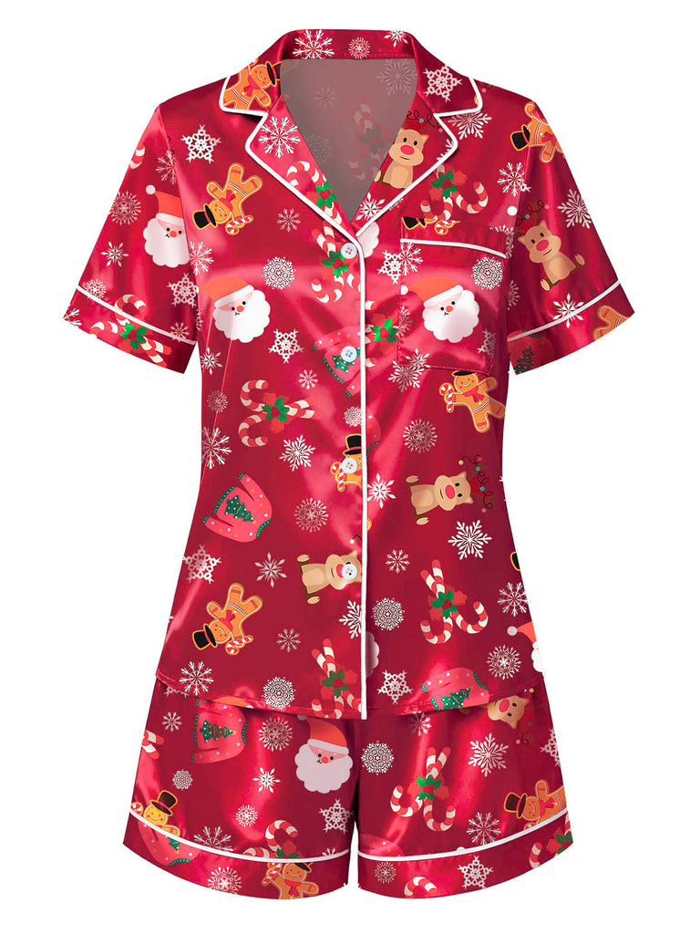 Red 1950s Lapel Christmas Print Pajama Set - vintage fashion, retro style, elegant red