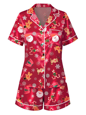 Red 1950s Lapel Christmas Print Pajama Set - vintage fashion, retro style, elegant red