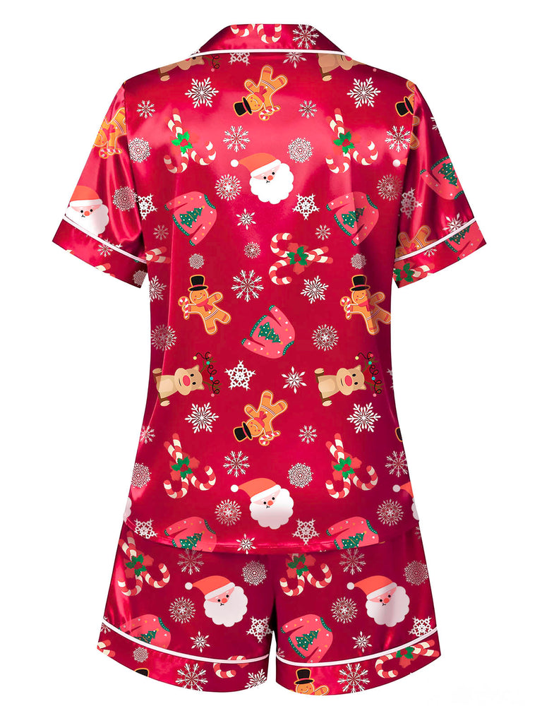 Red 1950s Lapel Christmas Print Pajama Set - vintage fashion, retro style, elegant red