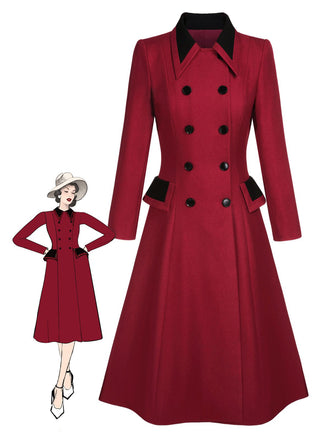 Red 1950s Lapel Double Breasted Coat - vintage fashion, retro style, elegant red