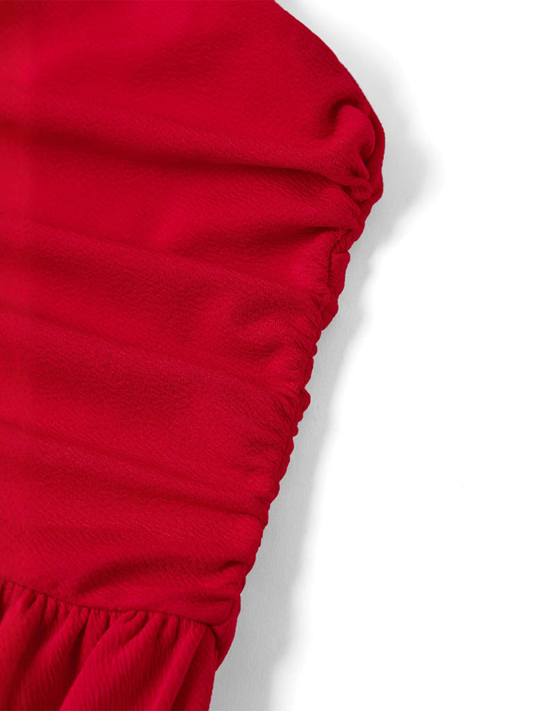 Red 1950s Mesh Bow Strap Ruched Dress - vintage dress, retro fashion, rockabilly