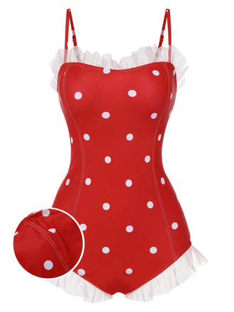 Red 1950s Mesh Polka Dot Swimsuit, vintage swimsuit, pin-up swimwear - perfect for women who love vintage and retro fashion