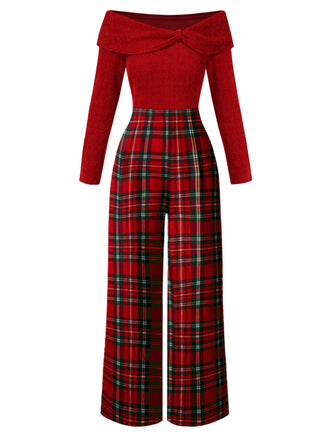 Red 1950s Off Shoulder Plaids Jumpsuit, vintage romper, retro jumpsuit - perfect for women who love vintage and retro fashion